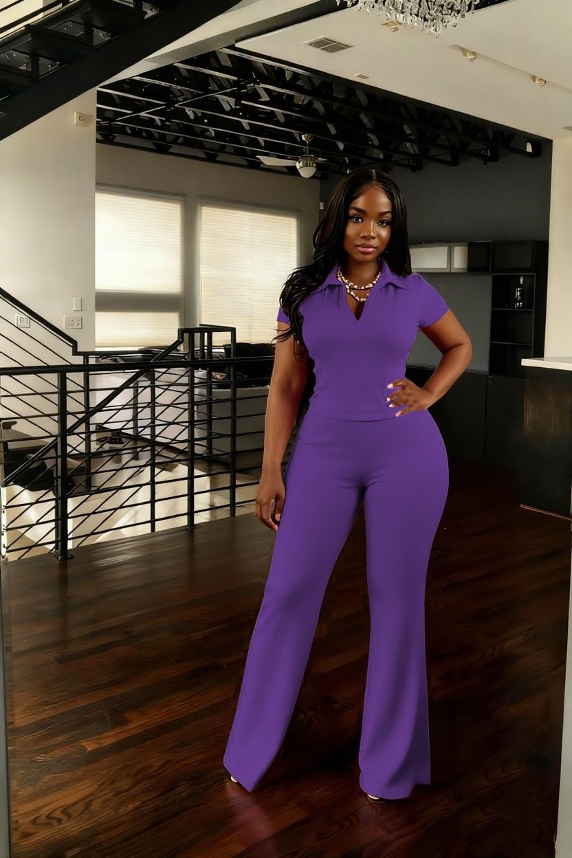 HBQ Women's 2 Piece Outfits Slim Fit V Neck Polo Top Flare Pants Short Sleeve Casual Matching Set - Image 2