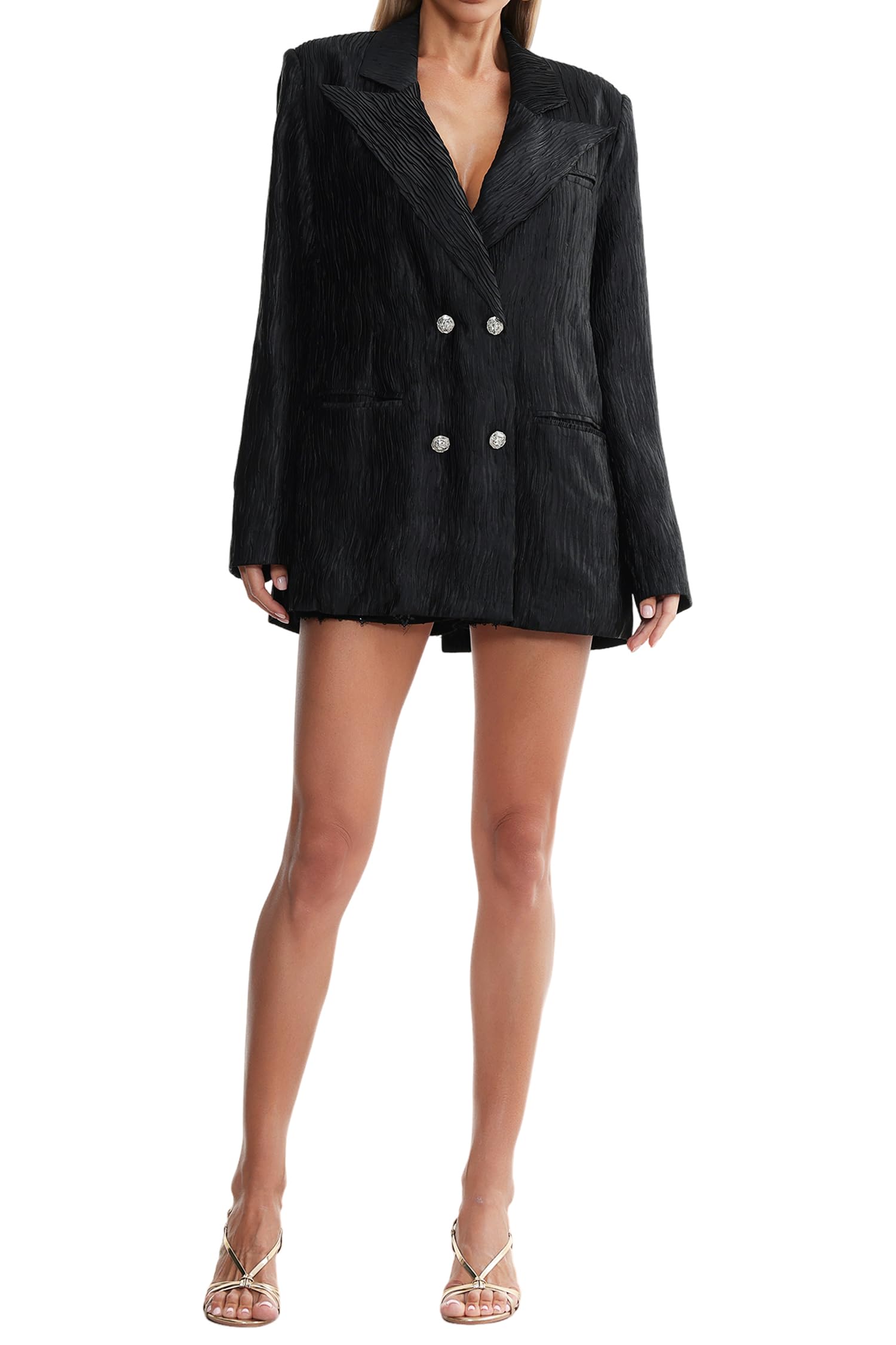 Black Long Sleeve Lapel Deep V Diamond Buttons Texture Casual Blazer Double Breasted Open Front Jacket Blazer for