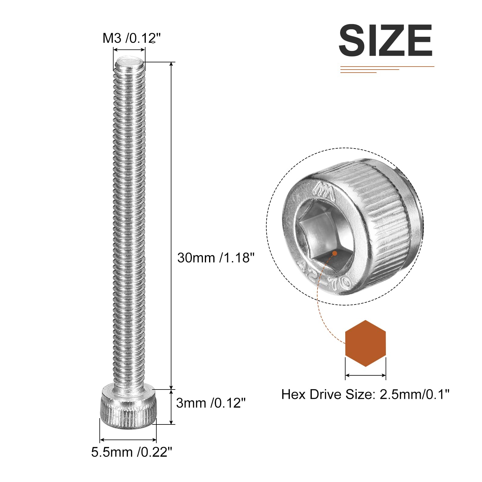 DTGN M3x30mm Socket Head Cap Screws Bolts, 100Pcs 304 Stainless Steel 18-8, Metric Machine Hex Socket Screw, Hex Drive - Image 2
