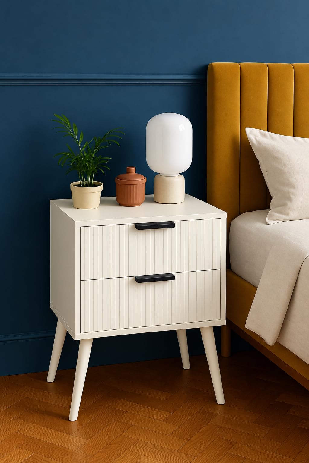 End Tables Small Bedside Cabinet with Drawer and Storage Shelf, Wooden Nightstand End Table 2 Drawer Dresser Storage Drawer and Open Wood Shelf for Bedroom Living Room (Full White)-image-12