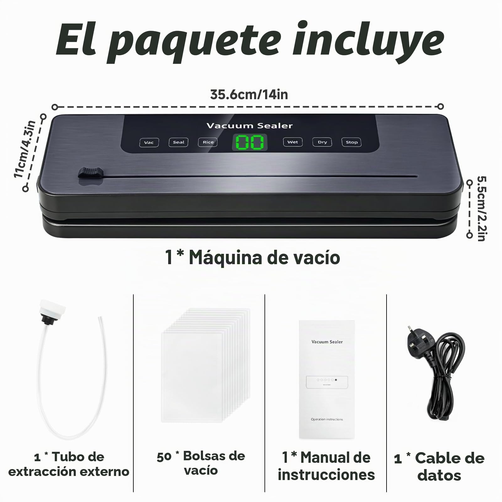6 en 1 Envasadora al Vacio, Maquina Envasar al Vacío Profesional Modos, 50 bolsa de vacío, Sellador al Vacío Doméstico y Profesional, Cortador Integrado, Modos Seco y Húmedo