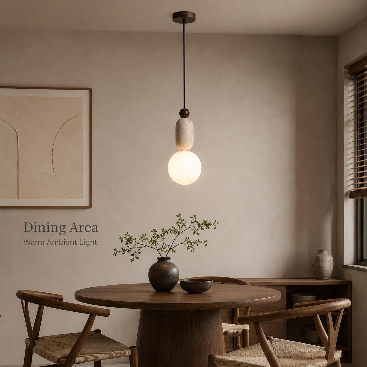 Lampada a sospensione in travertino naturale con paralume a sfera in vetro