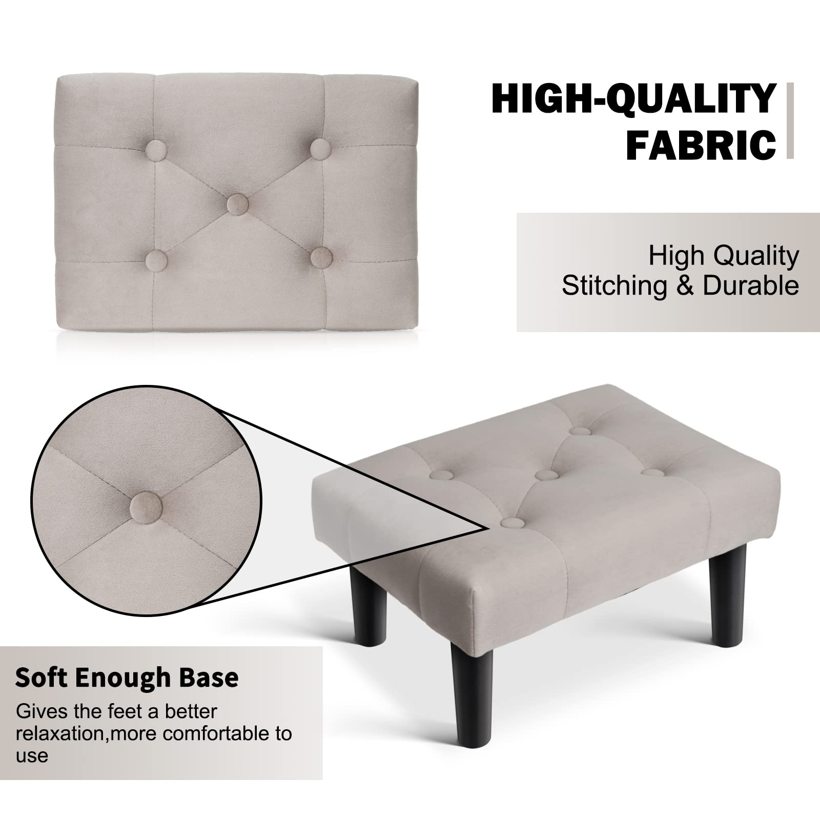 HOUCHICS Small Footstool Ottoman, Velvet Wooden Foot Stool Ottoman with Wood Legs, Sofa Footrest Extra Seating for Living Room Entryway Office(Grey 1PACK)