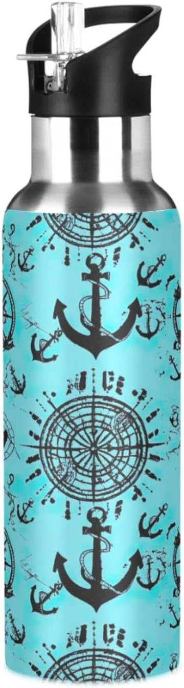 Nautical Anchors Teal Black Stainless Steel Water Bottle 20 Oz Leakproof Water Bottles, BPA-Free Sport Water Bottle Insulated