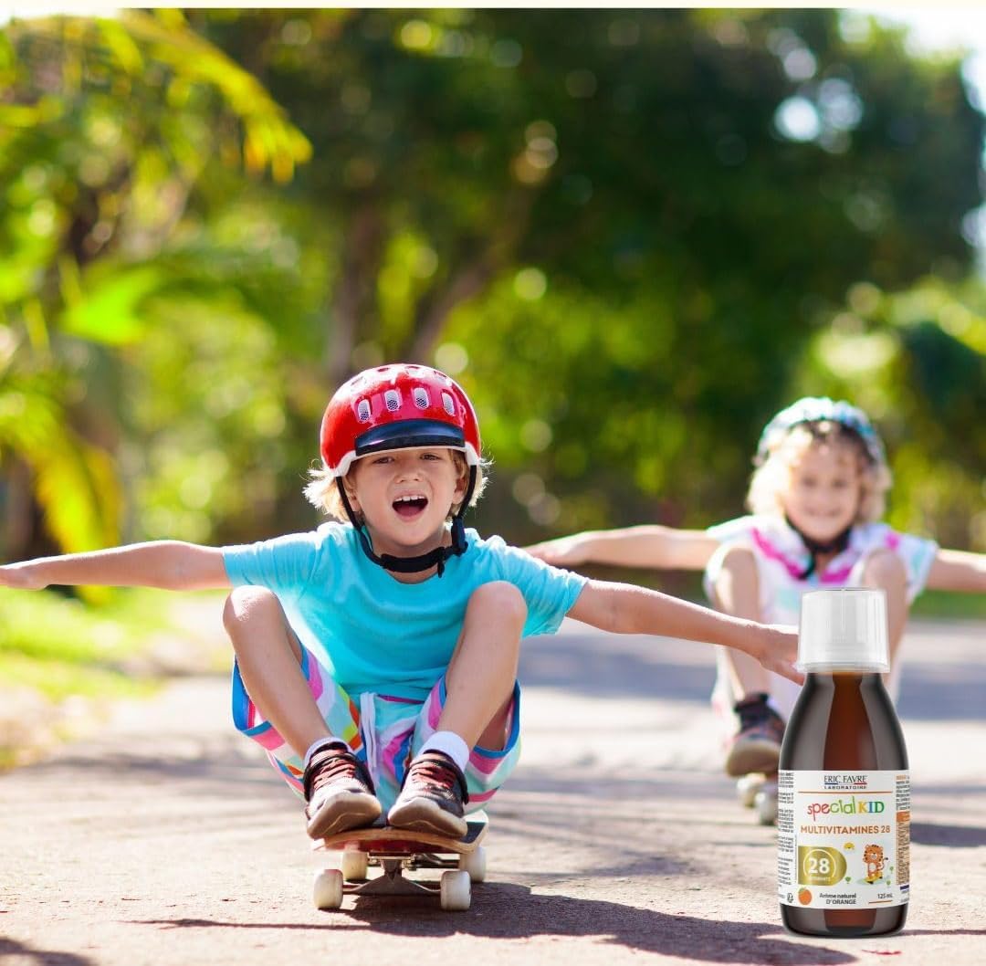 SPECIAL KID MULTIVITAMINES 28 - Croissance & Développement Osseux - 125 ml - Vitamines A, B, C, D3, E, Calcium, Magnésium, Zinc, Fer - Saveur Orange - Bouchon Doseur - Lot 3 - Eric Favre Laboratoire