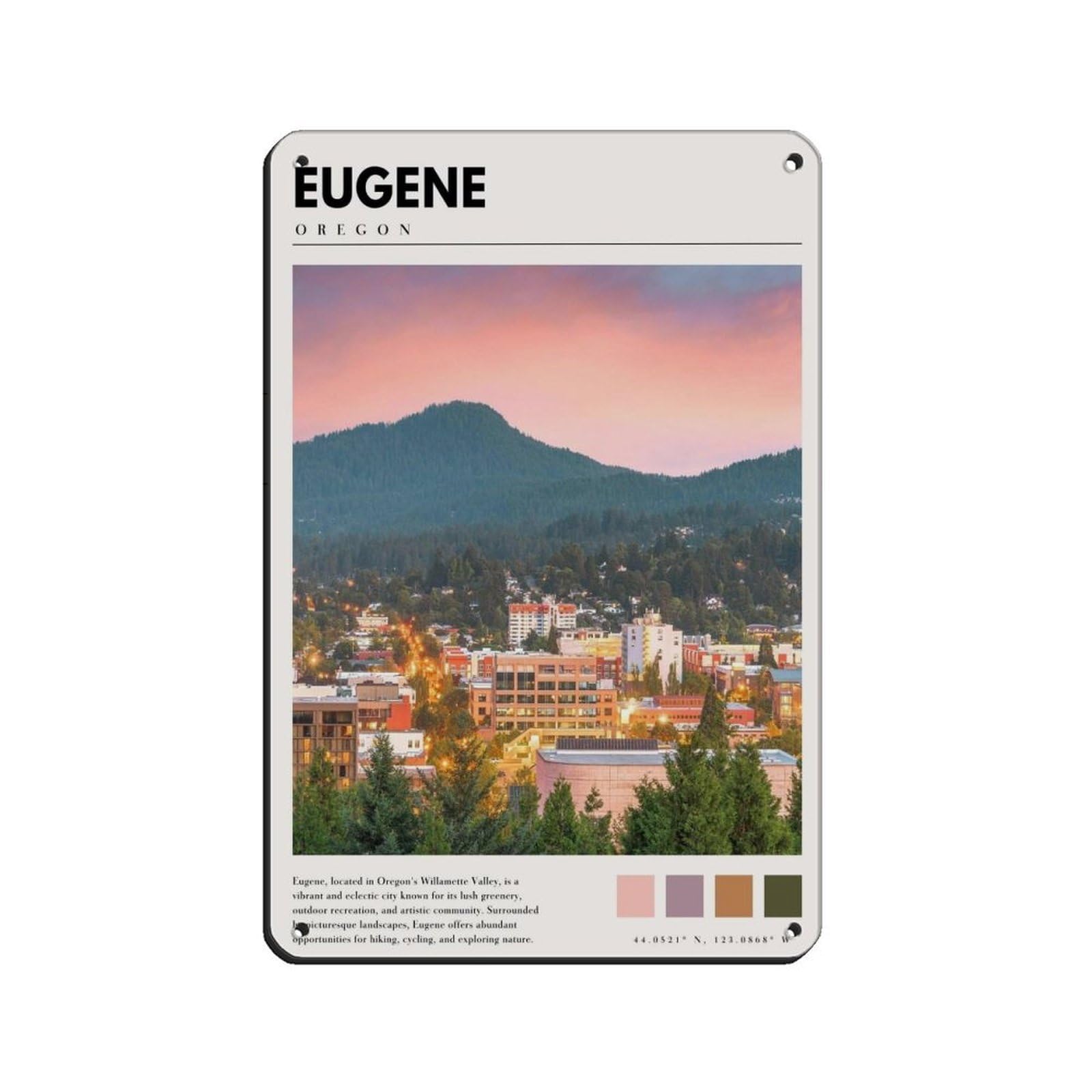 Eugene Oregon Art Eugene Poster Tin Sign Vintage Metal Pub Club Cafe Bar Home Wall Art Decoration Poster Retro 8x12inch(20x30cm)