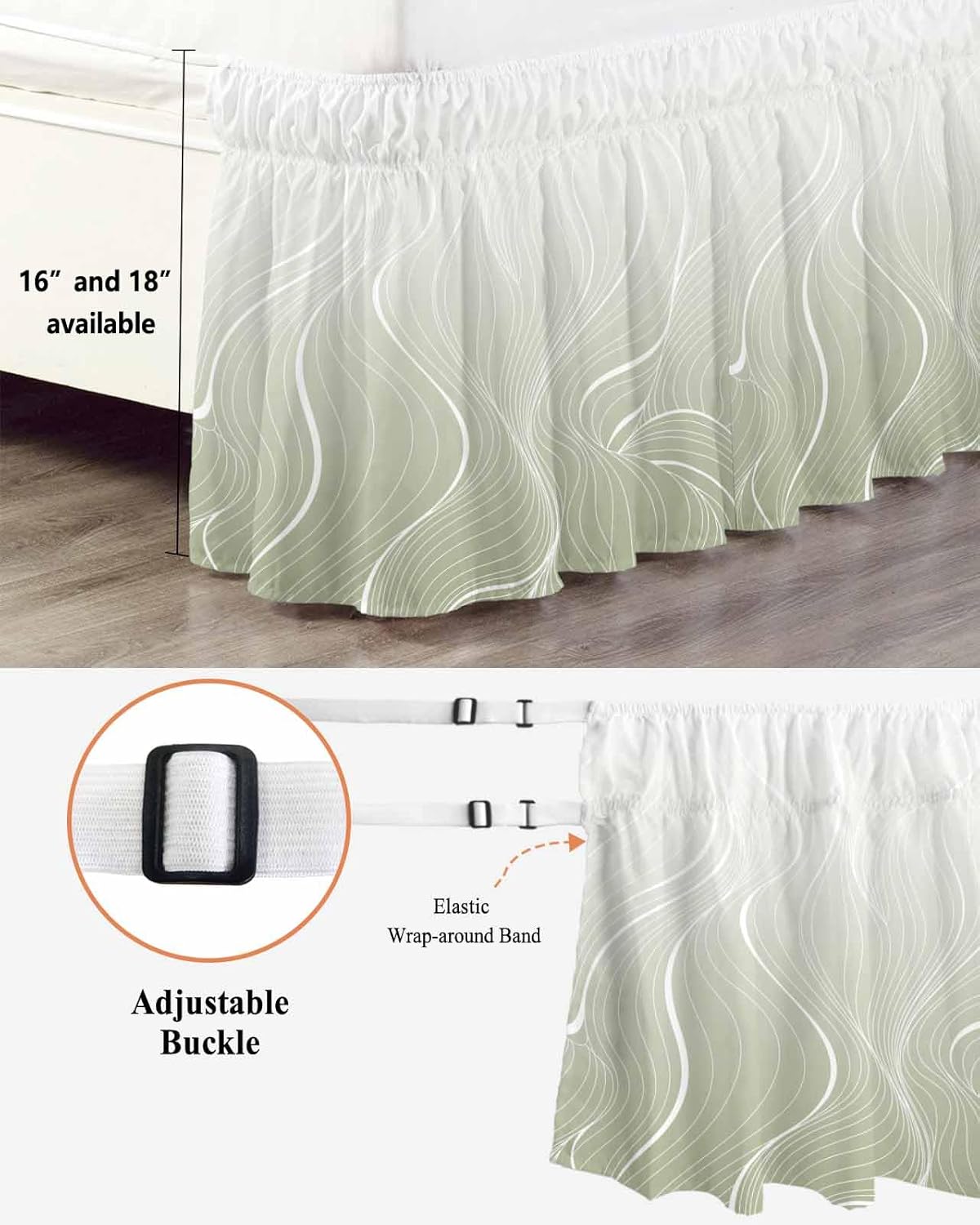 Ombre Sage Green Stripes Bed Skirt King Size 16" Drop Striped Lines Waves Gradient Ruffled Wrap Around Bed Skirts Adjustable Elastic Bedskirt Dust Ruffle for Queen King California King Beds