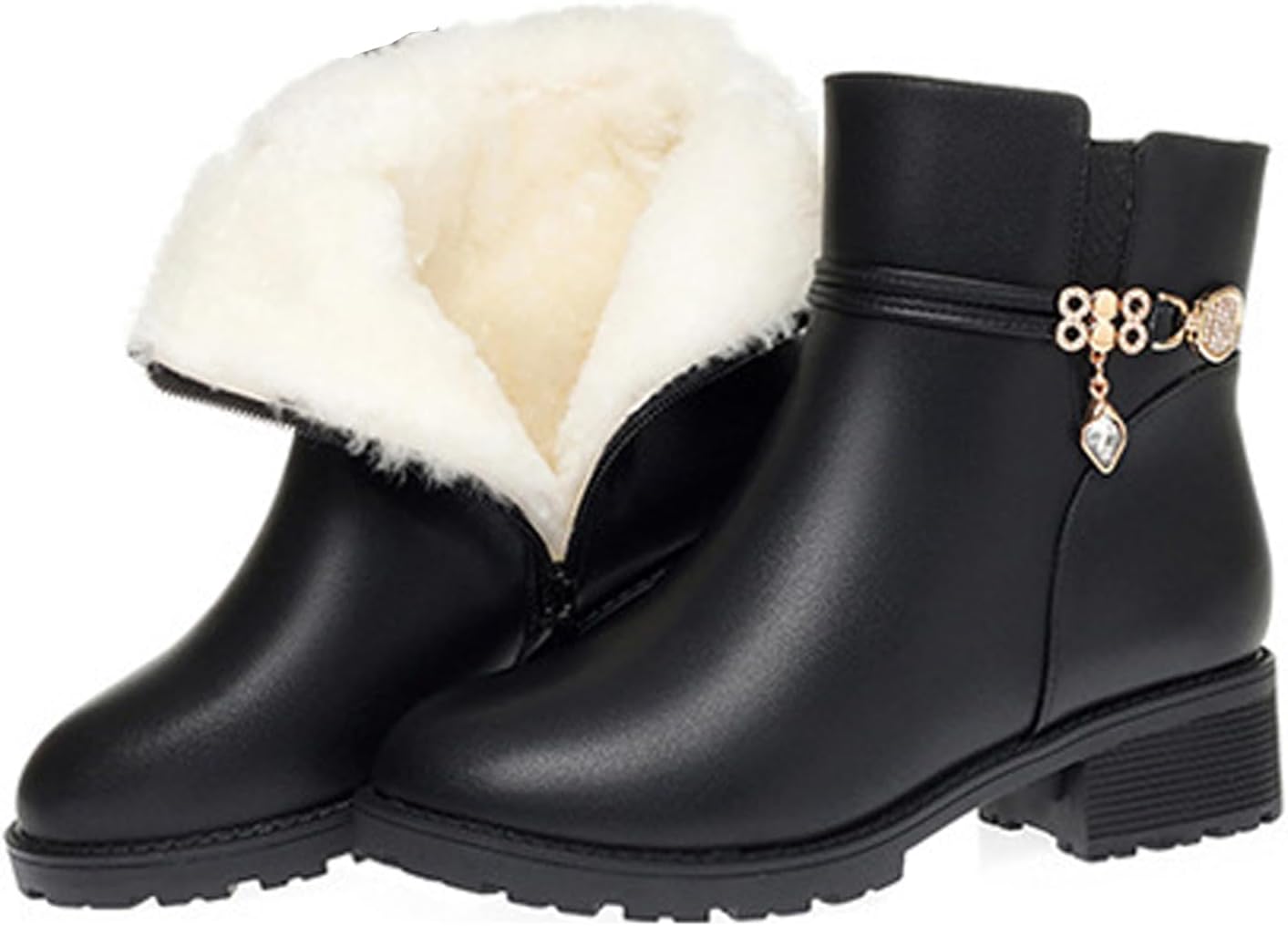 Women'S Leather Low Block Heel Booties Fashion Round Toe Rhinestones Warm Fully Fur Lined Side Zipper Platform Snow Boots