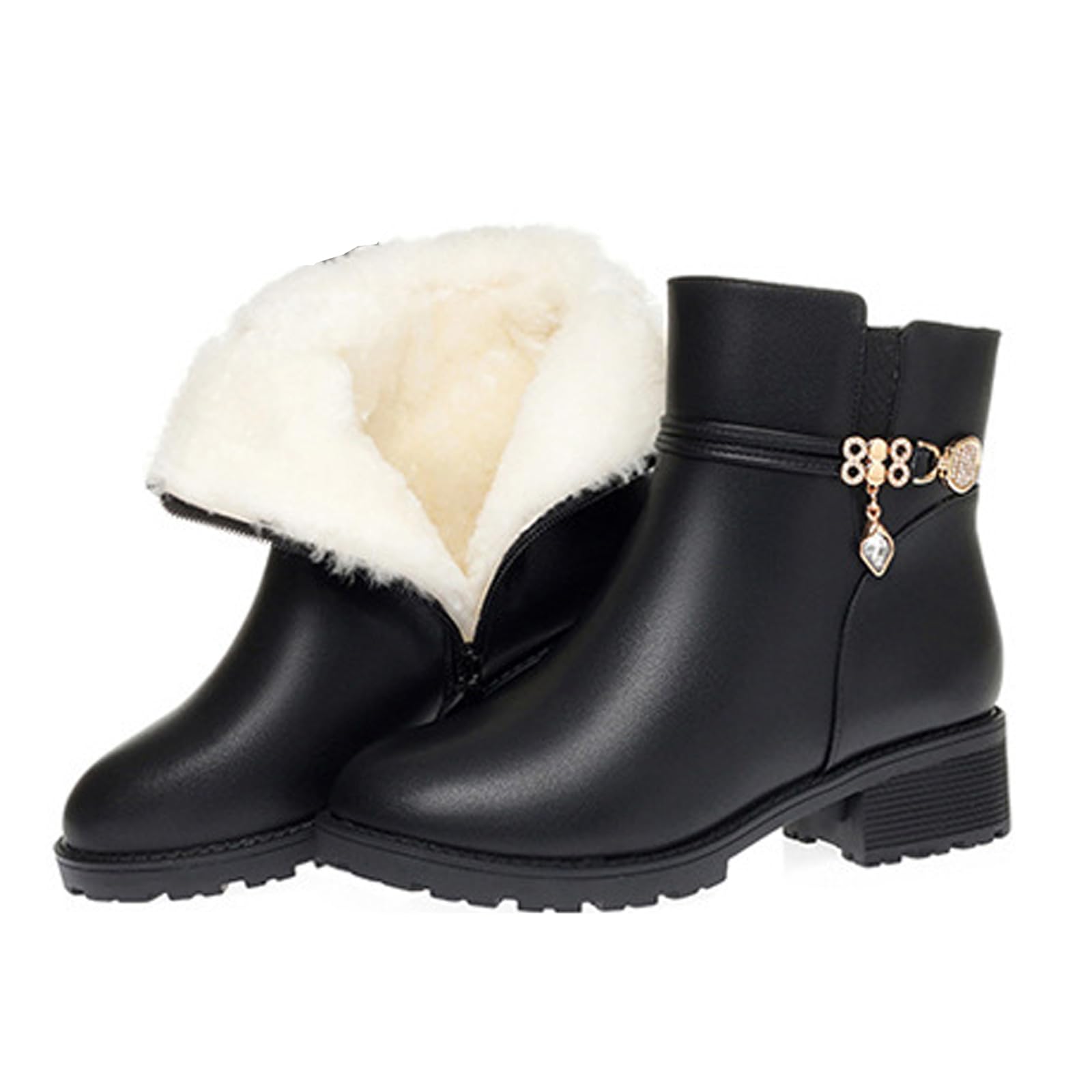 Womens Leather Low Block Heel Booties Fashion Round Toe Rhinestones Warm Fully Fur Lined Side Zipper Platform Snow