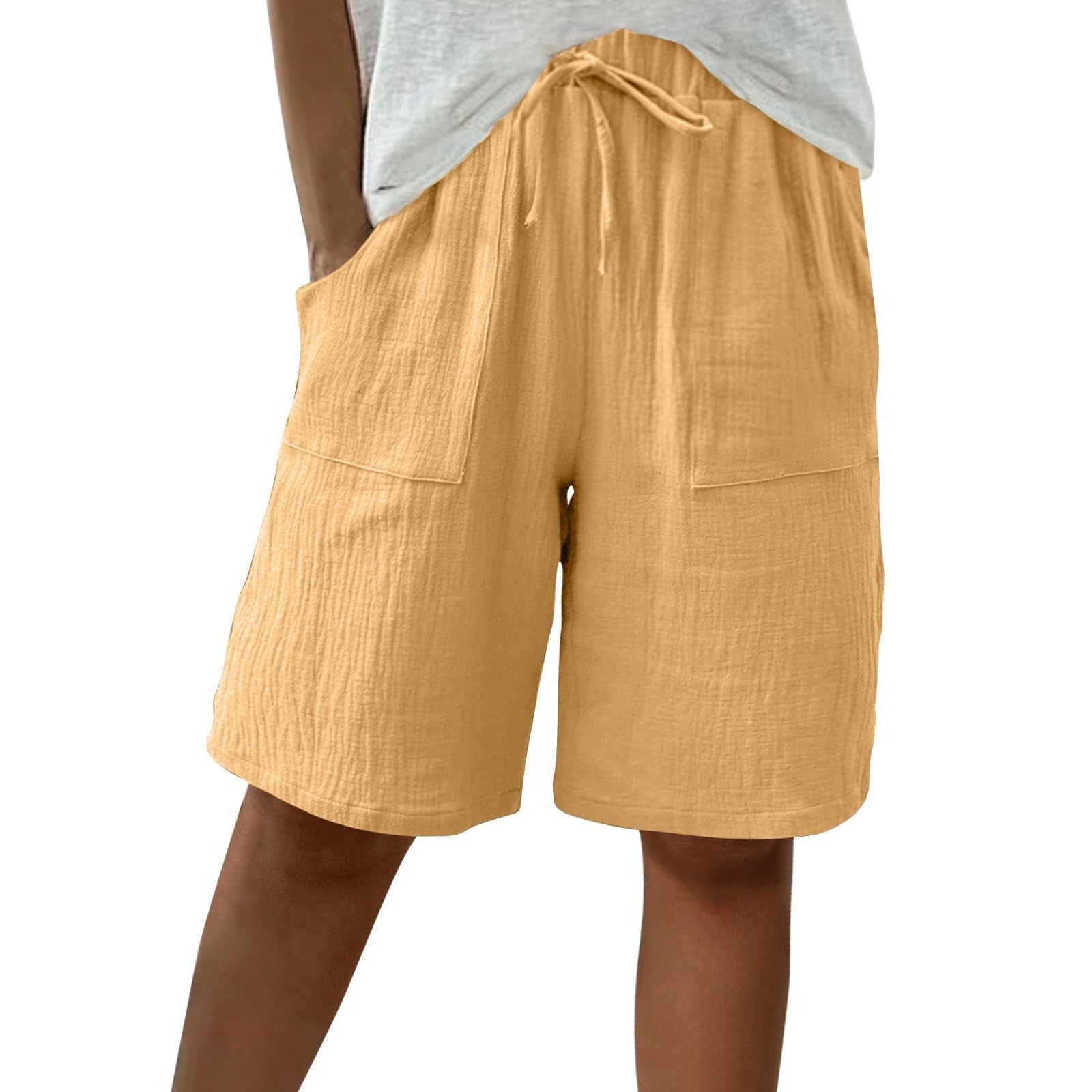 Generico Bermuda Donna Estivi Cotone Coulisse al Ginocchio Pantaloncini Curvy Elastica in Vita Traspiranti Tinta Unita Pantaloni Corti Eleganti con Tasche da Spiaggia Mare e Tempo Libero