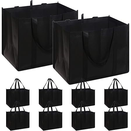 Set of 10 Reusable Grocery Bags Extra Large Foldable Heavy Duty Shopping Tote Produce Bag with Reinforced Handles, Black