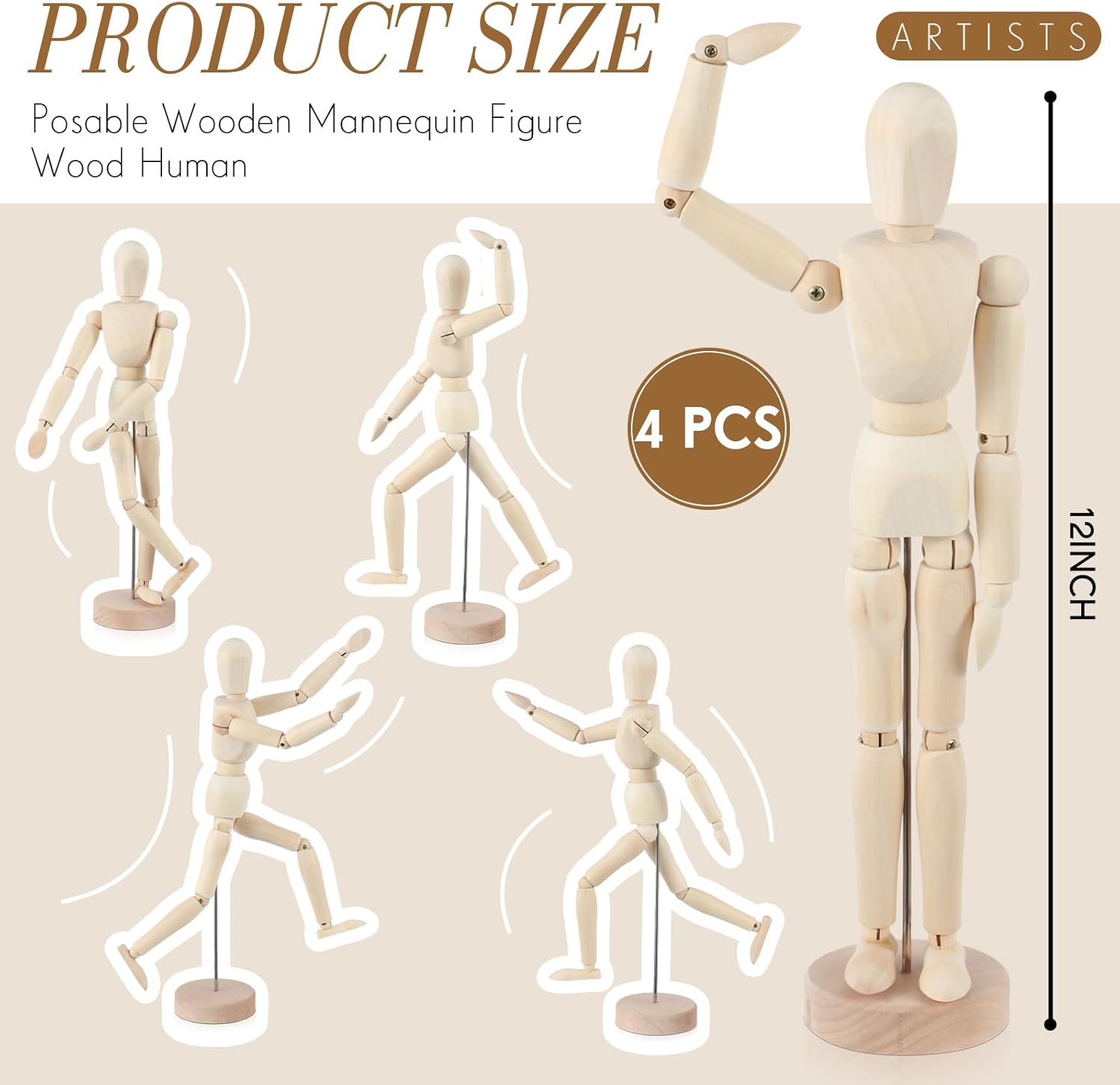 Hiboom 4 Pcs 12'' Artist Wooden Mannequin Manikin Set, Adjustable Poseable Human Body Model Drawing Figure with Base for Drawing, Sketching Painting Artists, Home Office and Desk Decoration Gift