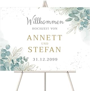Personalisiertes Willkommensschild zur Hochzeit, Größe wählbar: DIN A3, A2 oder A1 - Eukalyptus Design - mit intensivem UV-Druck mit Ihren Namen, Datum und Text, 3mm Dick