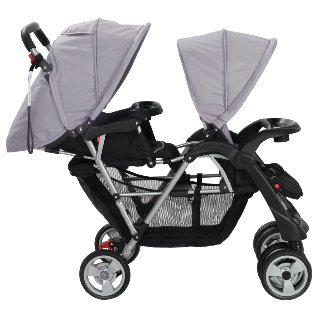 Poussette Double, Poussette pour Jumeaux Pliable Poussette à deux places acier gris et noir