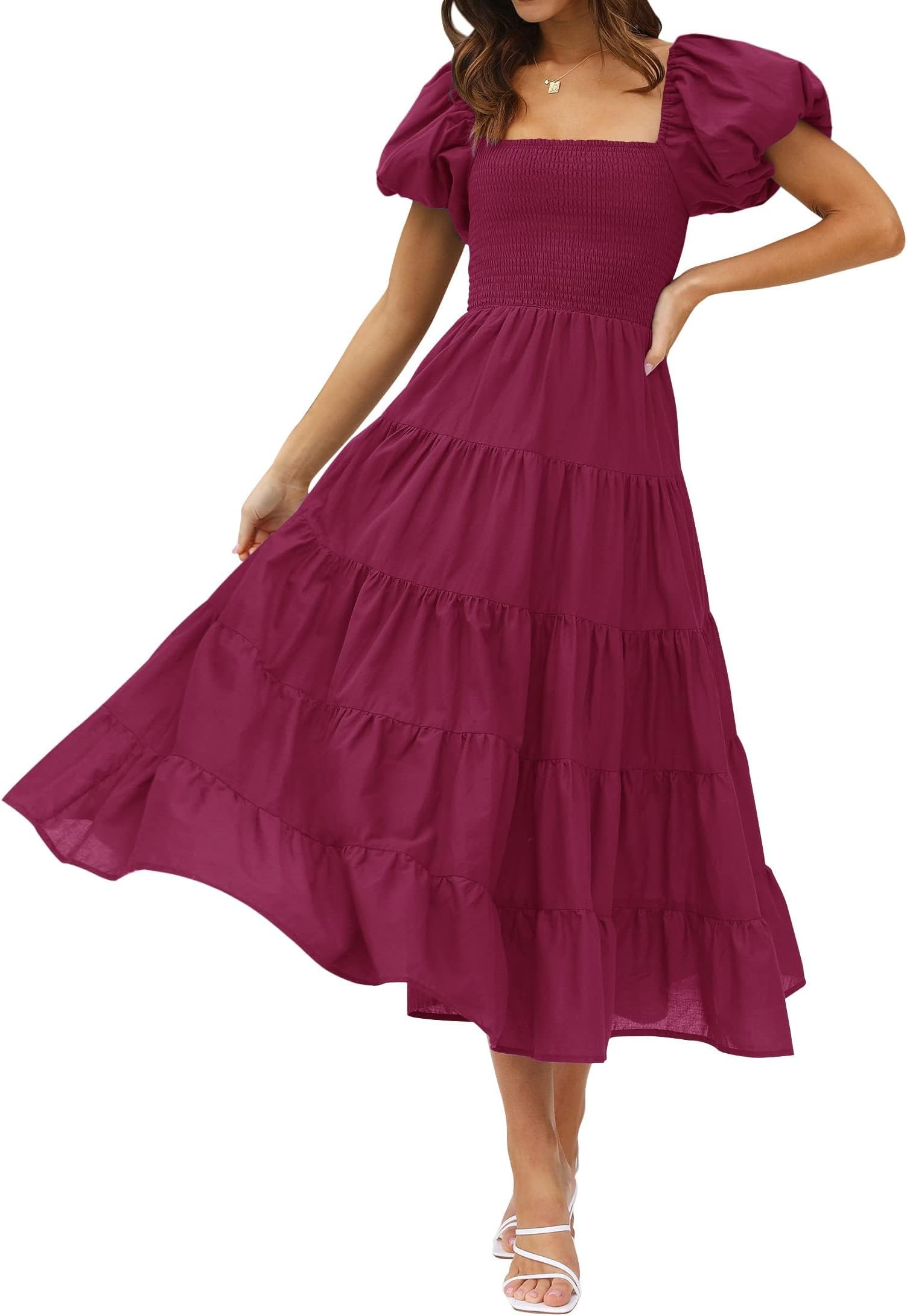 Women's 2024 Summer Square Neck Short Puff Sleeve Solid Color High Waist Casual Smocked Flowy A Line Tiered Midi Dress