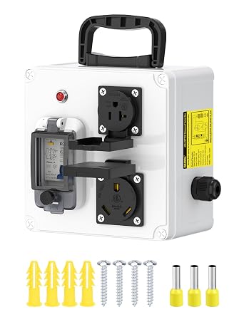 DIHOOL RV Outdoor Outlet Box with 30 amp NEMA TT30, 20amp L5-20 Receptacles and Type A 40 amp 30ma GFCI Circuit Breaker, Pre Wired, 125V Portarble Temporary Power Distribution Box, IP44 Waterproof