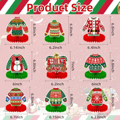 Image of 9 Pieces Ugly Christmas Sweater Honeycomb Centerpieces Table Decor, Holiday Party Table Toppers Ornaments Signs, Fun Xmas Sweater Party Decorations