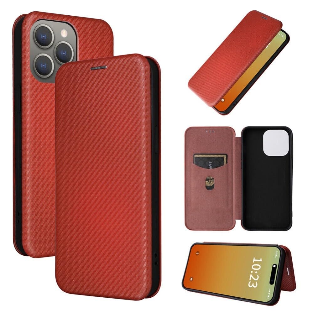 Étui iPhone 14 Pro rouge avec rabat magnétique et cuir fibre de carbone