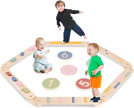 Kids Wooden Toddler Balancing Beam, 6 PCS Toddler Waldorf and Montessori Balance Board, Motor Skill Stepping Toy for Kids 3-5 Years, Gymnastic Obstacle Training Tools