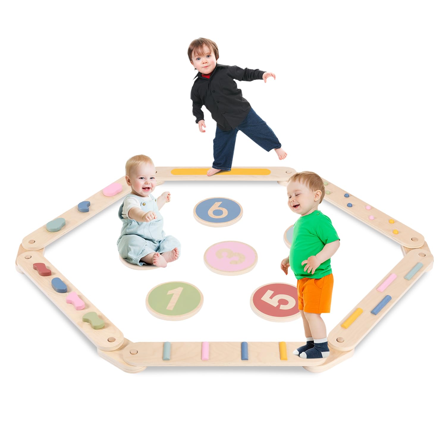 Kids Wooden Toddler Balancing Beam, 6 PCS Toddler Waldorf and Montessori Balance Board, Motor Skill Stepping Toy for Kids 3-5 Years, Gymnastic Obstacle Training Tools