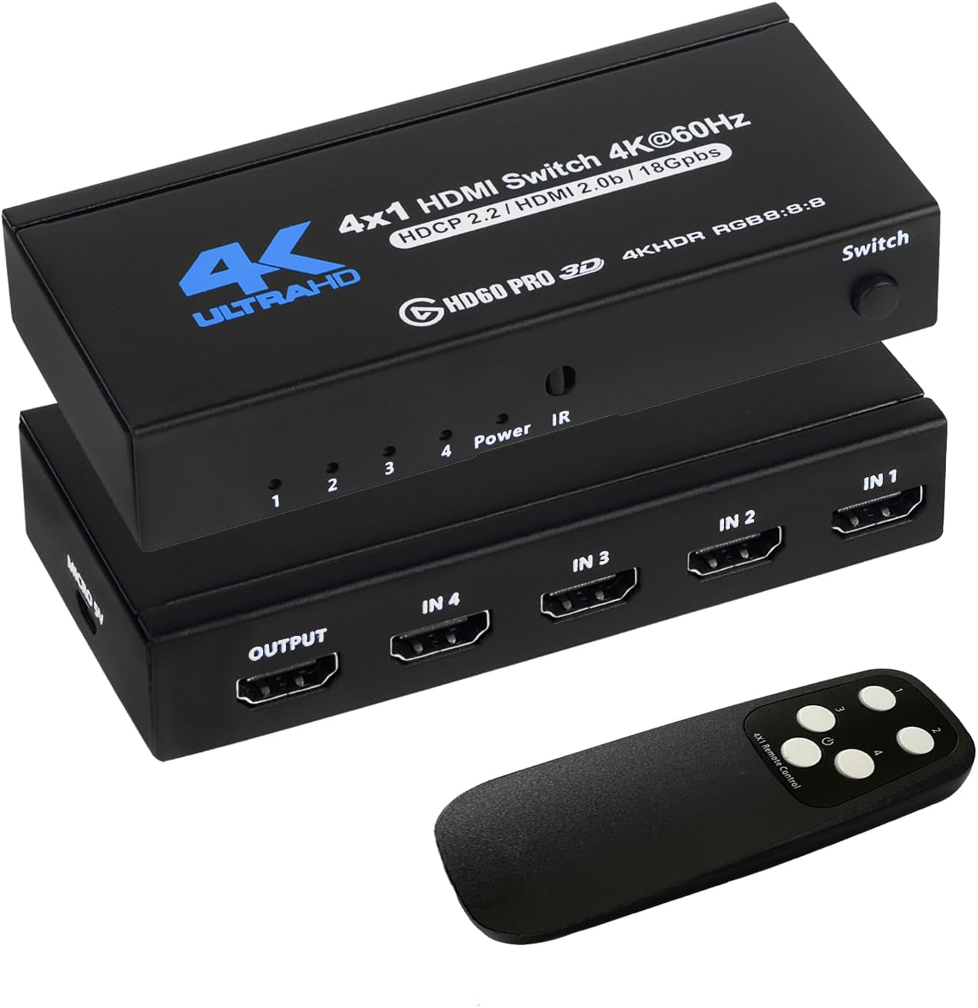 Anber-Tech 4K HDMI Switch 4x1, 4K@60Hz 4 in 1 Out HDMI Switcher Selector with IR Remote Control, Supports HDCP 2.2 UltraHD HDR10 3D HD1080P Dolby DST, HDMI Splitter for PS4 Xbox Apple TV Fire Stick