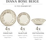 Tudor England Royal 12-Piece Porcelain Dinnerware Set for 4, Diana Rose Beige Floral Design, Dinner Plates, Salad Plates and Soup Bowls, Dishwasher and Microwave Safe