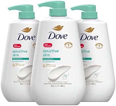 Dove Body Wash with Pump Sensitive Skin Hypoallergenic, Paraben-Free, Sulfate-Free, Cruelty-Free, Moisturizing Skin Cleanser Effectively Washes Away Bacteria While Nourishing Skin, 30.6 Oz (Pack of 3)