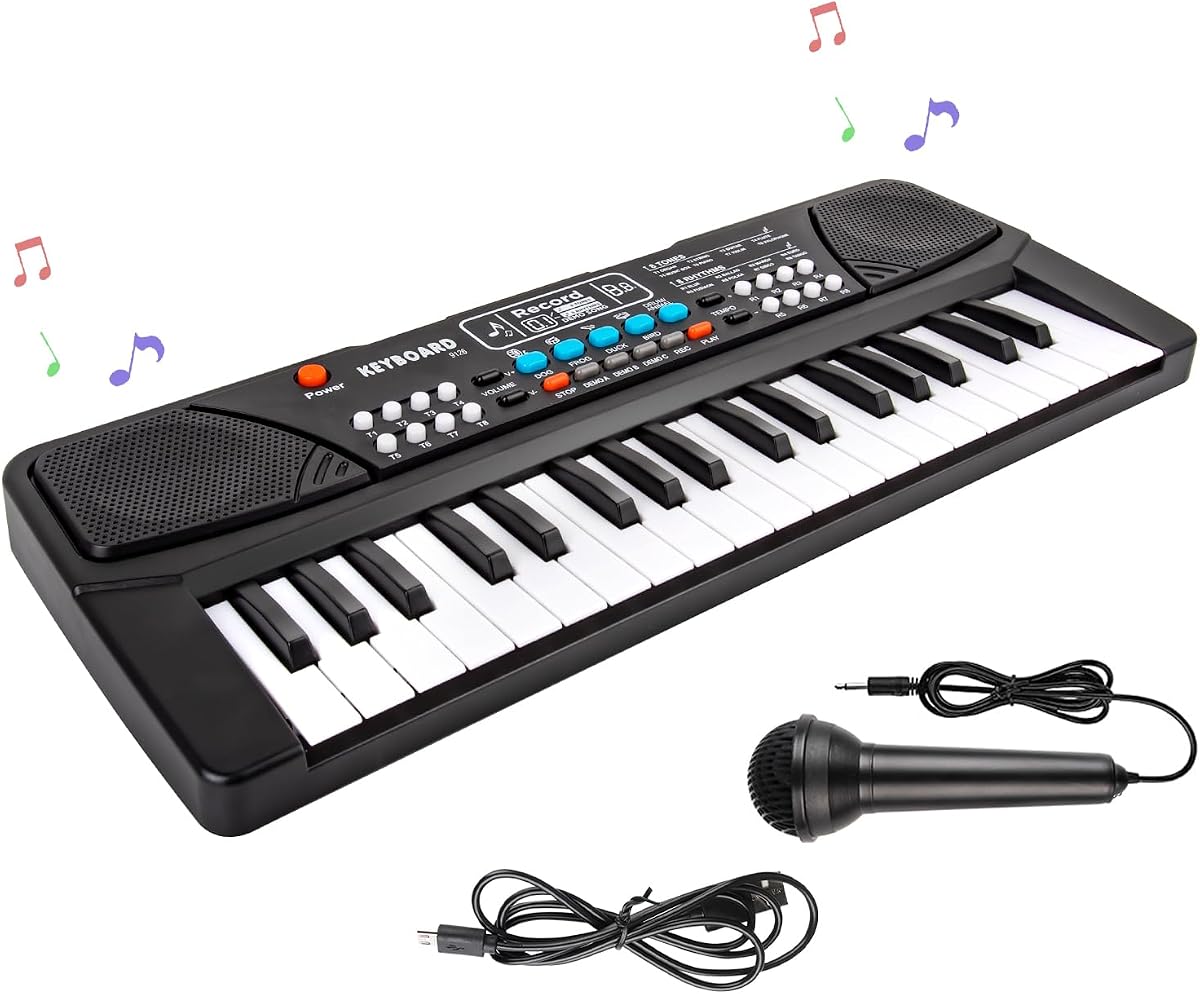 Kids Piano Toys - Teclado musical de 37 teclas para niños pequeños con micrófono | Altavoz dual, juguetes educativos musicales, regalo de cumpleaños de Navidad para niñas de 3 4 5 6 7 8 años, negro