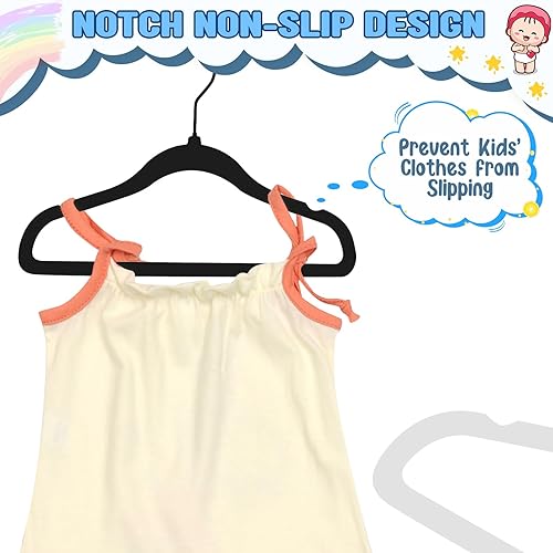 Miniatura 6 de Perchas de terciopelo para niños, paquete de 60 perchas de fieltro antideslizantes de 11.8 pulgadas con gancho negro, perchas para ropa que ahorran