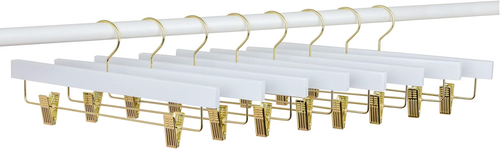 Amber Home 24 Pack White Wooden Pants Hangers with Gold Clips, Wood Skirt and Trouser Hangers for Jeans, Slacks, Shorts