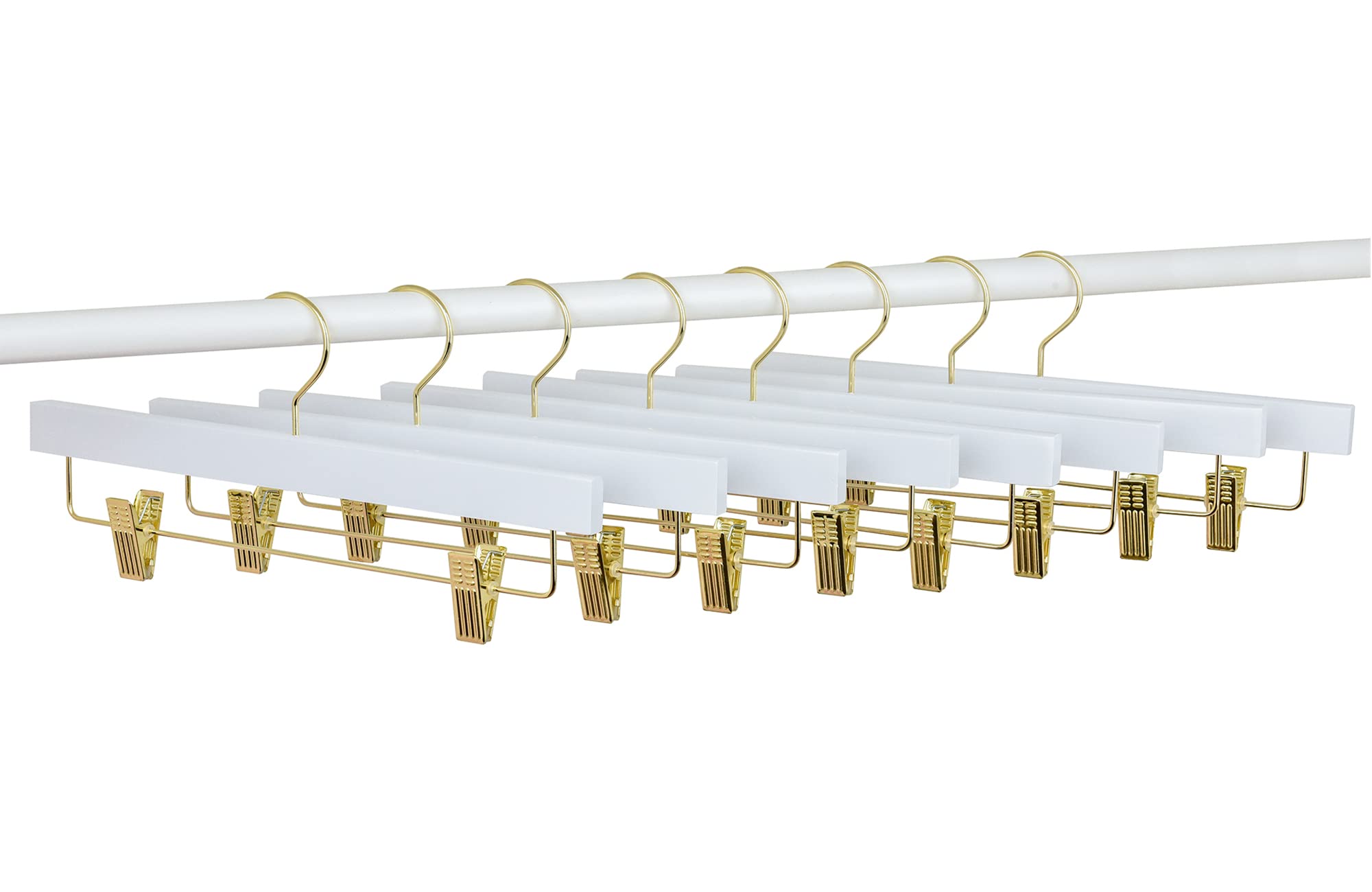 Amber Home 24 Pack White Wooden Pants Hangers with Gold Clips, Wood Skirt and Trouser Hangers for Jeans, Slacks, Shorts