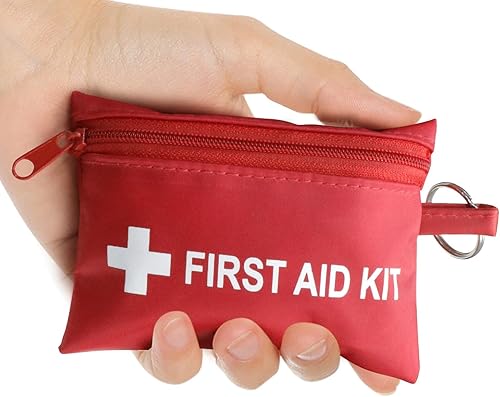 Mini botiquín de primeros auxilios  llavero de bolsillo y cinturón elástico y un par de guantes desechables para viajes, hogar, campamento,