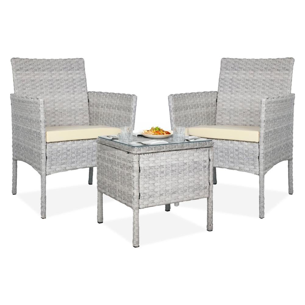 YOEVU - Set de Jardín de Ratán 3 Piezas | 2 Sillas con Cojines y Mesa de Cristal | Resistente al Agua y Sol | Estructura en Aluminio | Ideal para Terraza y Balcón, Ratán