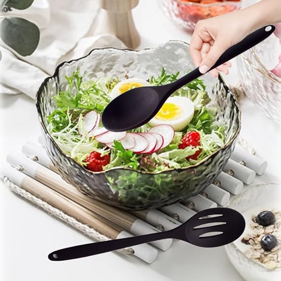 Silicone Cooking Spoons, 2 Pcs Black Kitchen Spoon and Slotted Spoon, Nonstick Mixing & Slotted Spoons, Heat Resistant Large Silicone Spoons for Cooking, Stirring, Scooping and Mixing