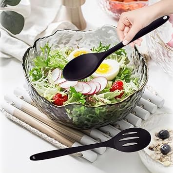 Silicone Cooking Spoons, 2 Pcs Black Kitchen Spoon and Slotted Spoon, Nonstick Mixing & Slotted Spoons, Heat Resistant Large Silicone Spoons for Cooking, Stirring, Scooping and Mixing