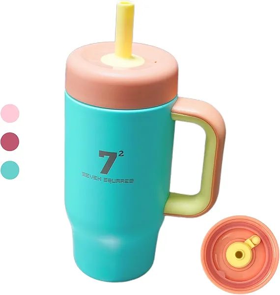 SEVEN SQUARED 72 18oz Kids Insulated Tumbler with Handle Straw Children Sippy Cups Stainless Steel Water Bottle Spill Resistant Sillicon Straw for Girls Boys, BPA-FREE