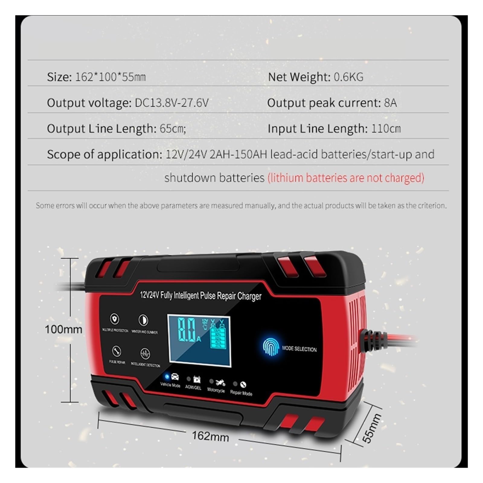 Chargeur De Batterie Voiture Réparation Rouge 12V 24V 8A Impulsion Automatique Intelligente for La Décoration Pièces Personnelles en Plein Air Charge De PréCision(Red)