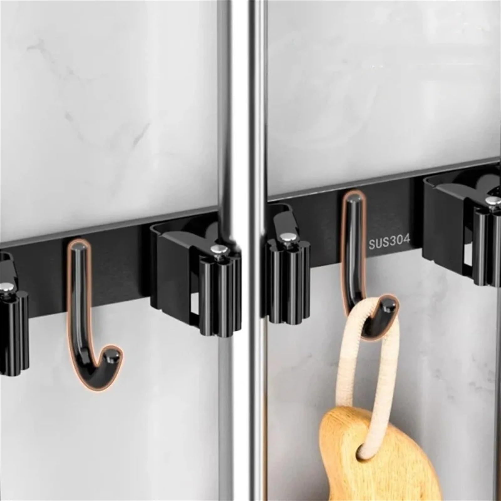 Porta Scope Parete Portautensili in metallo resistente, multifunzionale, salvaspazio, con 4 slot e 5 ganci per cucina