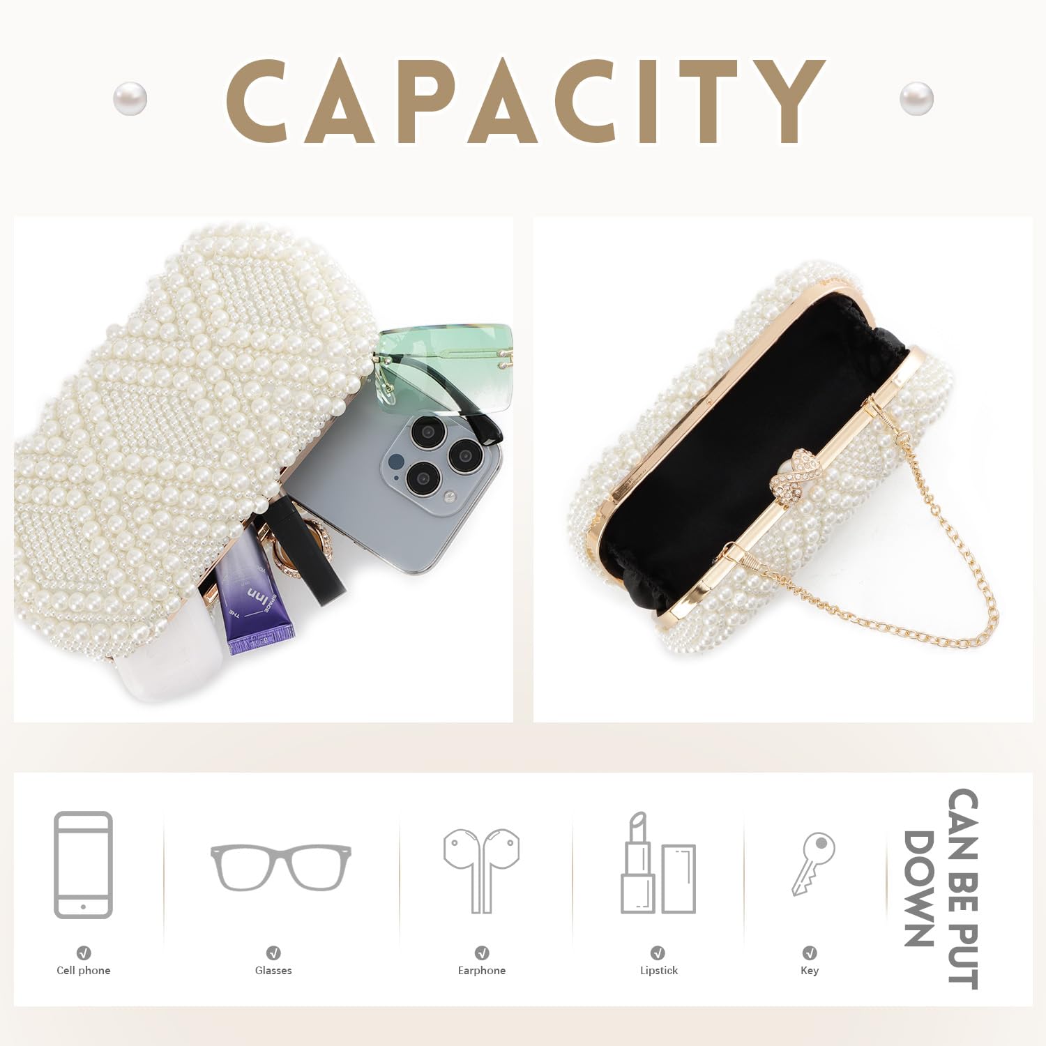 EVEOUT Élégant Sac à Main de Mariage en Perles Femme Pochette de Mariée avec Poignée et Bandoulière Clutch Sac bandoulière pour soirée fête