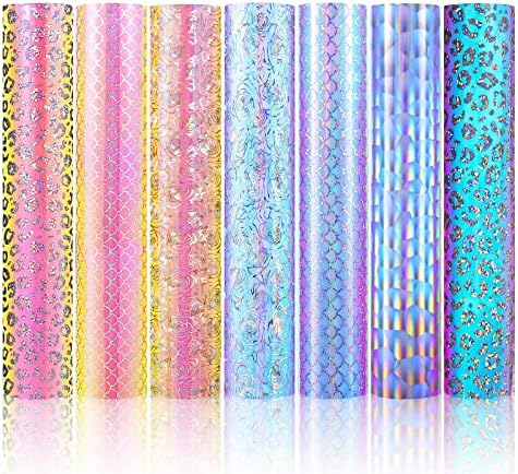 AHIJOY Holographic Opal Yellow Pink Vinyl Permanent Adhesive Bundle 7 Pack 12"x12" Self Adhesive Vinyl Sheets Cup Mug Stickers DIY Gifts Holiday and Party Decor