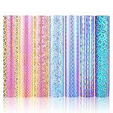 AHIJOY Holographic Opal Yellow Pink Vinyl Permanent Adhesive Bundle 7 Pack 12"x12" Self Adhesive Vin