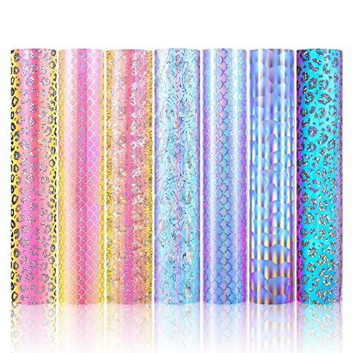Ahijoy Holographic Opal Yellow Pink Vinyl Permanent Adhesive Bundle 7 Pack 12"X12" Self Adhesive Vinyl Sheets Cup Mug Stickers Diy Gifts Holiday And Party Decor #TOP2