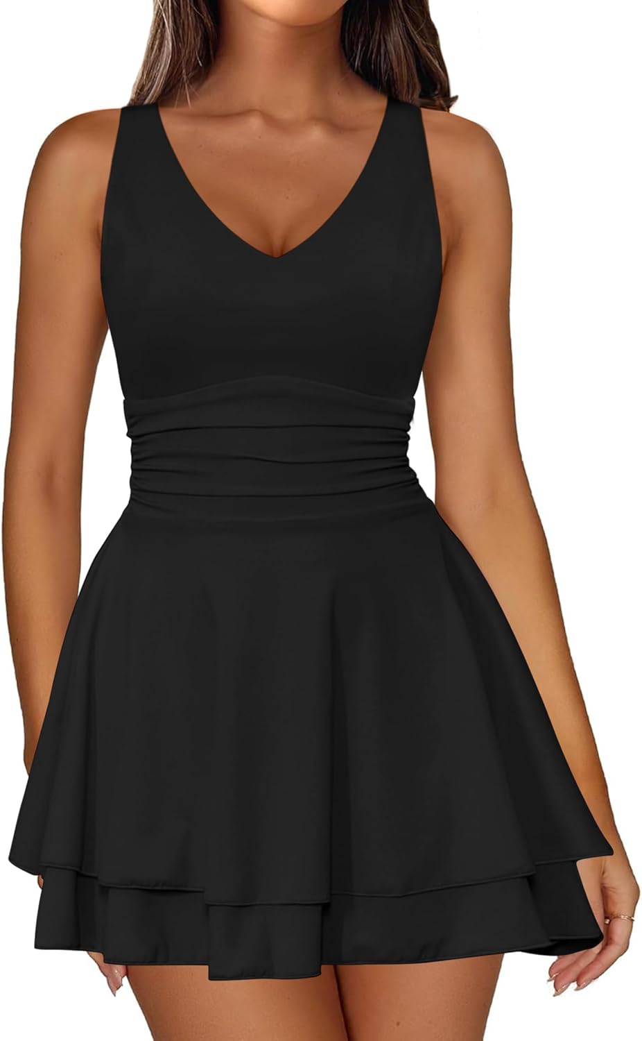 IWD Women's Sexy V Neck Sleeveless Corset Mini Dress Tiered Ruffle Hem A Line Short Party Club Dresses