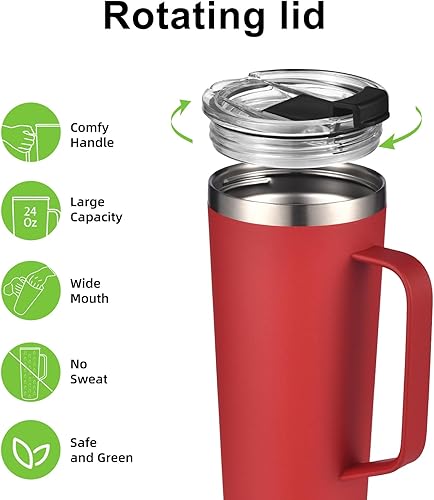 Miniatura 3 de Vaso aislado de 24 onzas con asa, taza de café aislada al vacío de doble pared con tapa y popote, a prueba de fugas (rojo)