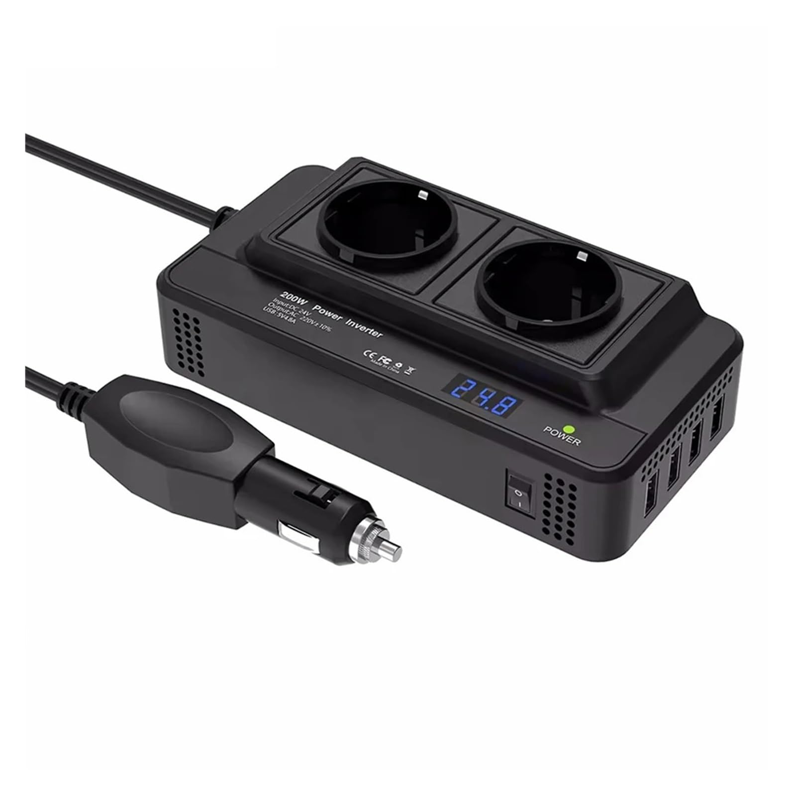 Inversor Inversor Corriente para Coche 200 W CC A CA 12 V A 220 V para Encendedor Cigarrillos con Toma CA UE 4 USB Potencia Máxima 400 W