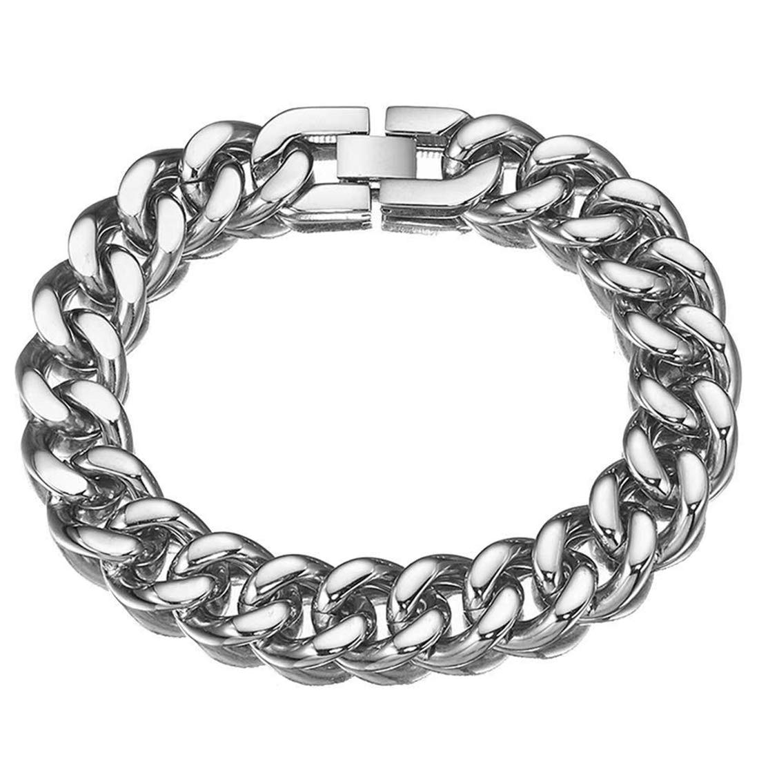 Cuban Bracelet for Men 15mm Silver 316L Stainless Steel Miami Curb Link Chain Chunky Heavy 8.66 inch
