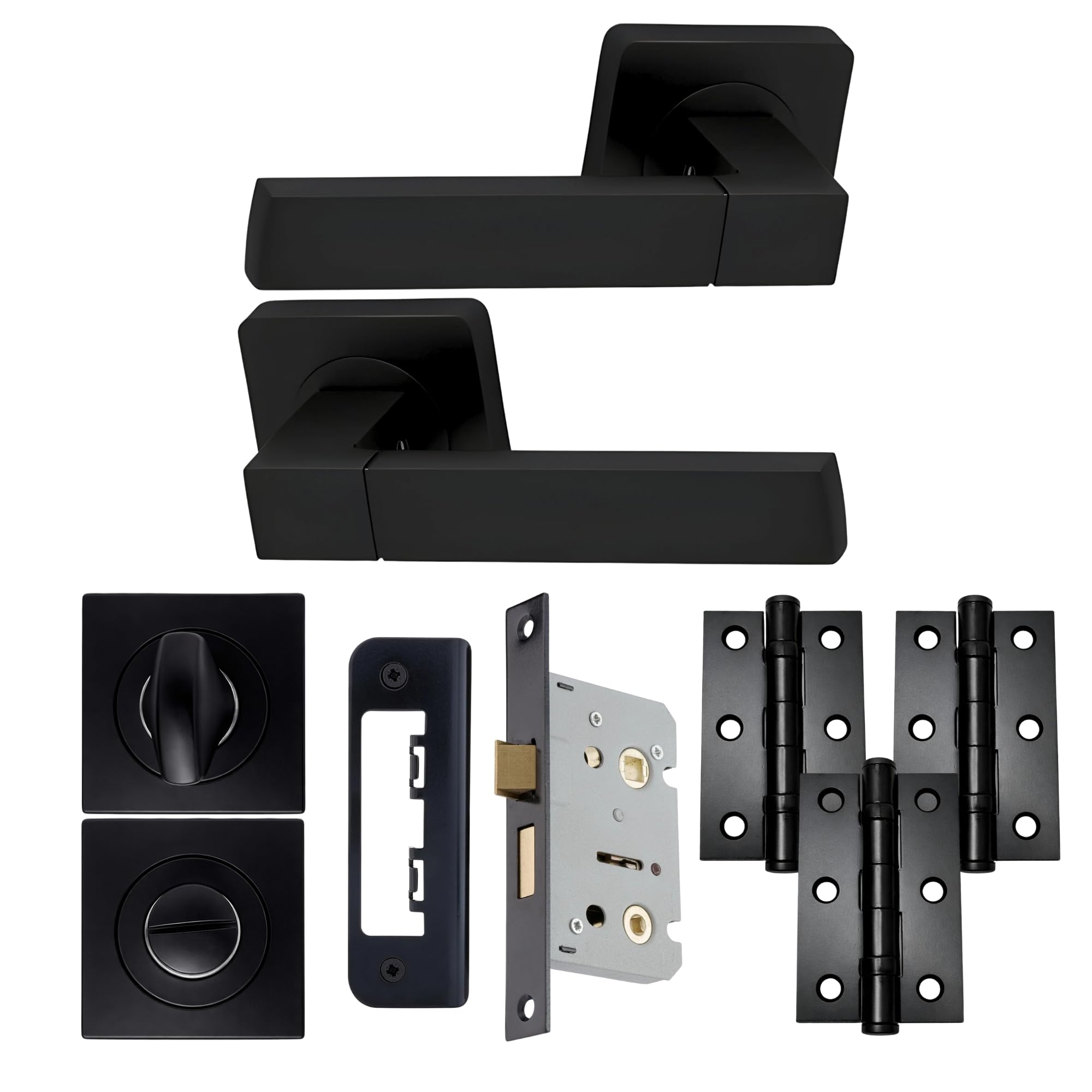 Uap Black Cube Internal Door Handles Bathroom Pack With 65Mm Lock, Hinges, And Escutcheon, Matt