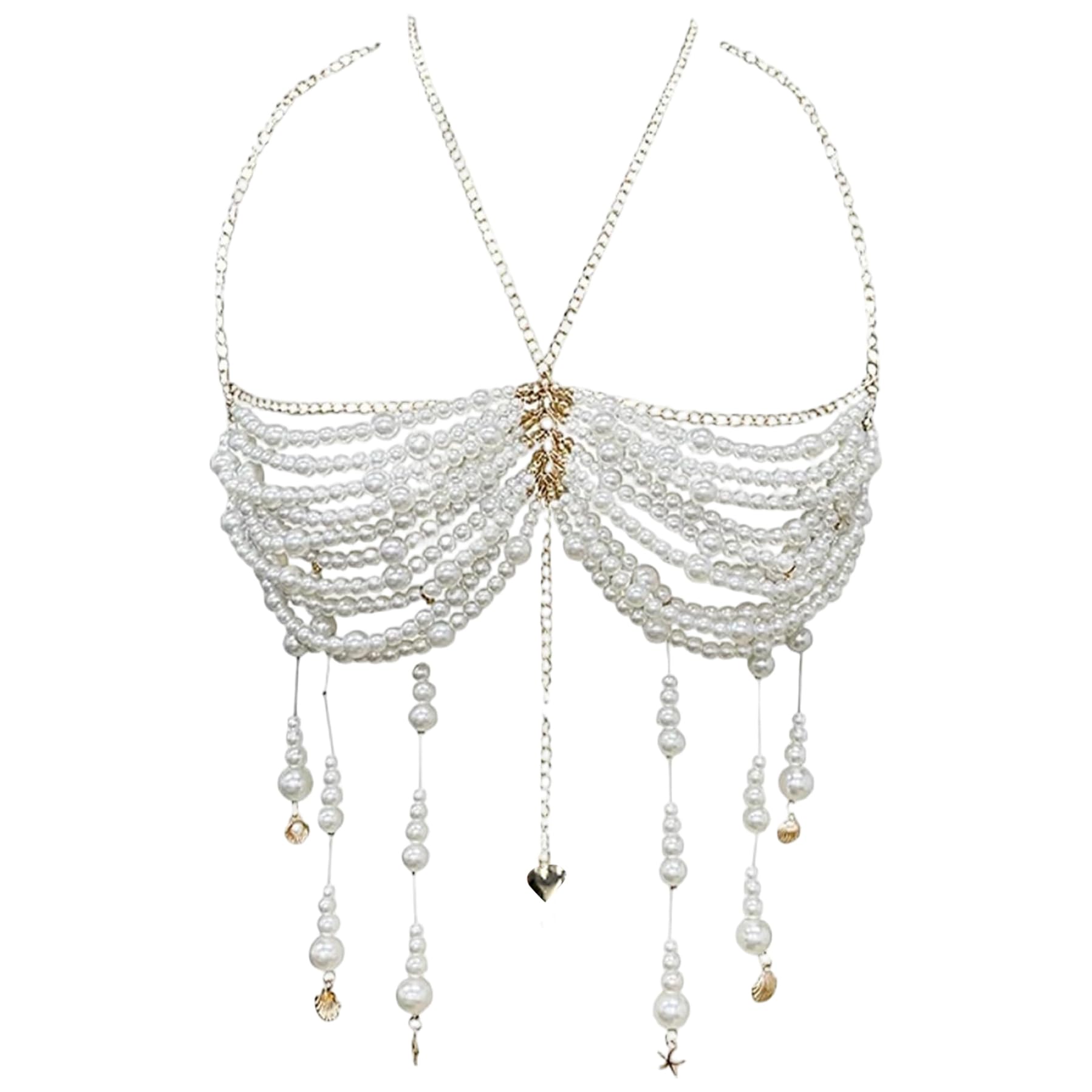 CAKEEYUM Pearl Bra for Women Elegant Beaded Bra with Tassels Halterneck Crop Tanks Top for Parties and Festival Pearl, Beaded, Top, for Women, Pear