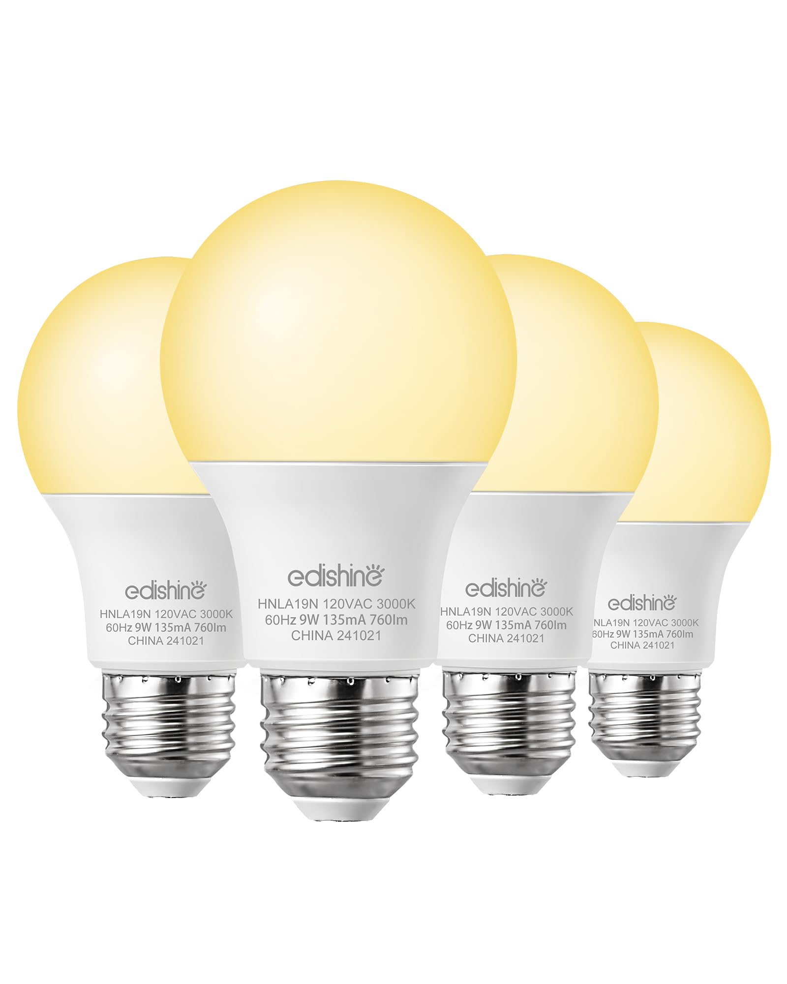 EDISHINE 4-Pack A19 LED Light Bulb 760LM 3000K Daylight LED Light Bulbs 9 Watt 60 Watt Equivalent E26