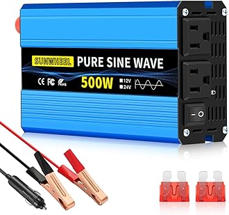 SUNWHEEL 500W 24V Pure Sine Wave Inverter, DC 24V to AC 110V/120V Car Power Inverter, Peak Power 1000W Car Plug Adapter Outlet Converter with Dual AC Sockets and LCD Display